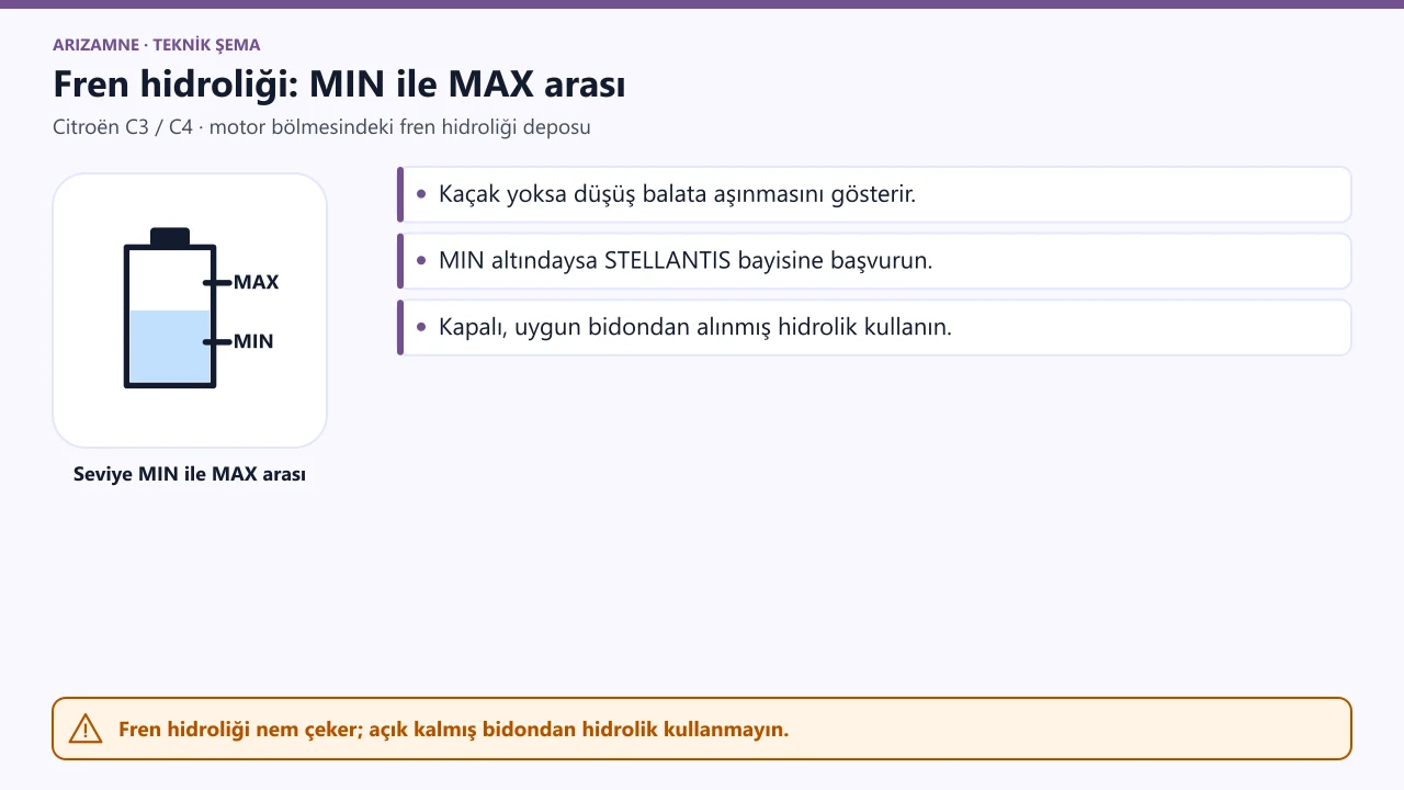 Citroën C3/C4 fren hidroliği deposu: seviye MIN ile MAX işaretleri arasında olmalı; MIN altındaysa bayiye başvurun.