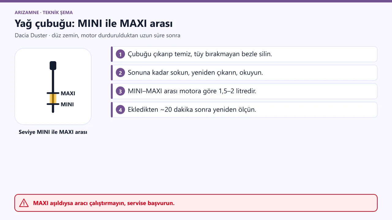 Dacia Duster yağ çubuğu: seviye MINI işaretinin altına düşmemeli, MAXI işaretini aşmamalı; okuma düz zeminde.