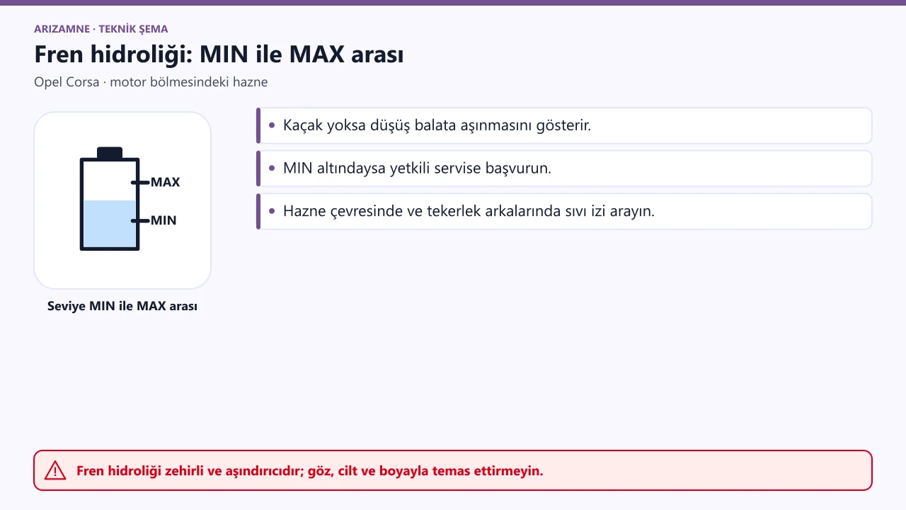 Opel Corsa fren hidroliği haznesi: seviye MIN ile MAX arasında olmalı; MIN altındaysa yetkili servise başvurun.