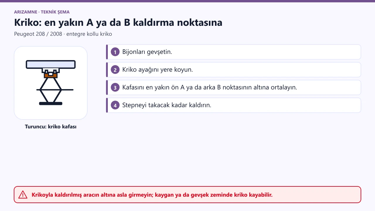 Peugeot 208/2008 kriko: ayağı yerde, kafası değiştirilecek tekerleğe en yakın ön A ya da arka B kaldırma noktasının tam altında ortalanmış.