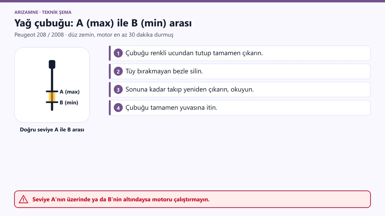 Peugeot 208/2008 yağ çubuğu: renkli ucundan tutulur; doğru seviye A (max) ile B (min) işaretleri arasında.