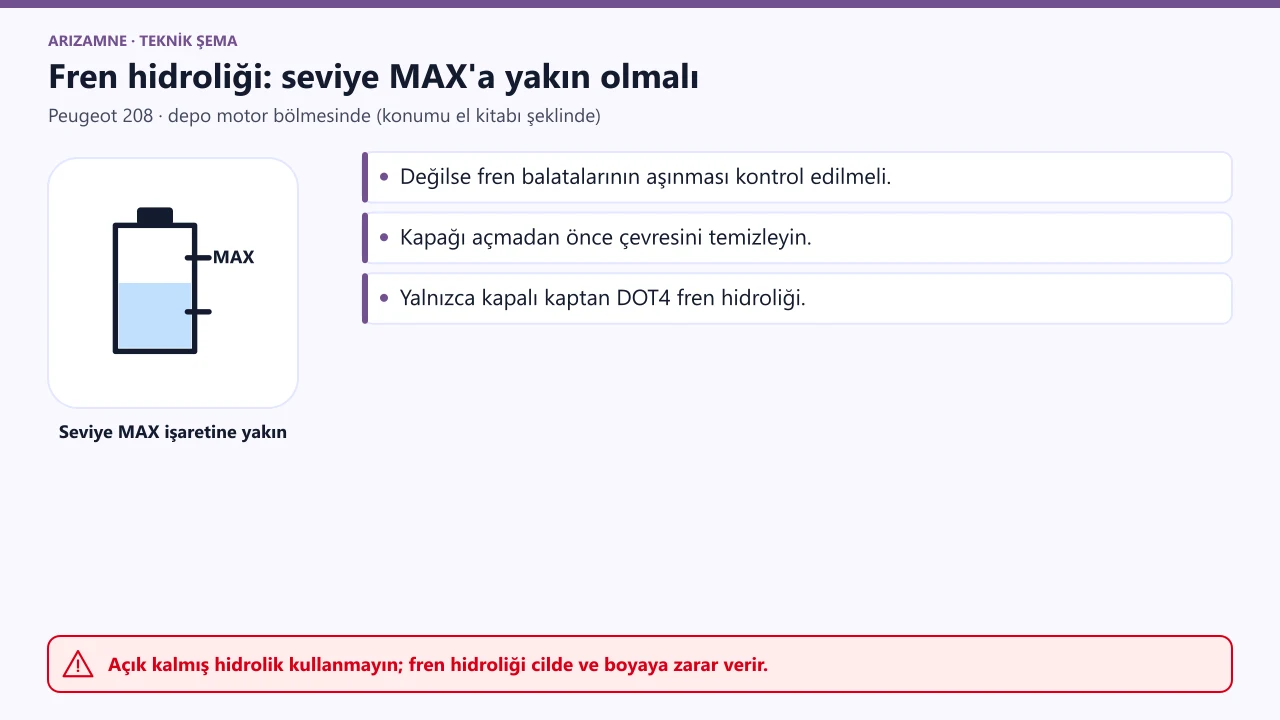 Peugeot 208 fren hidroliği deposu: seviye MAX işaretine yakın olmalı; değilse balata aşınması kontrol edilir; yalnızca kapalı kaptan DOT4.