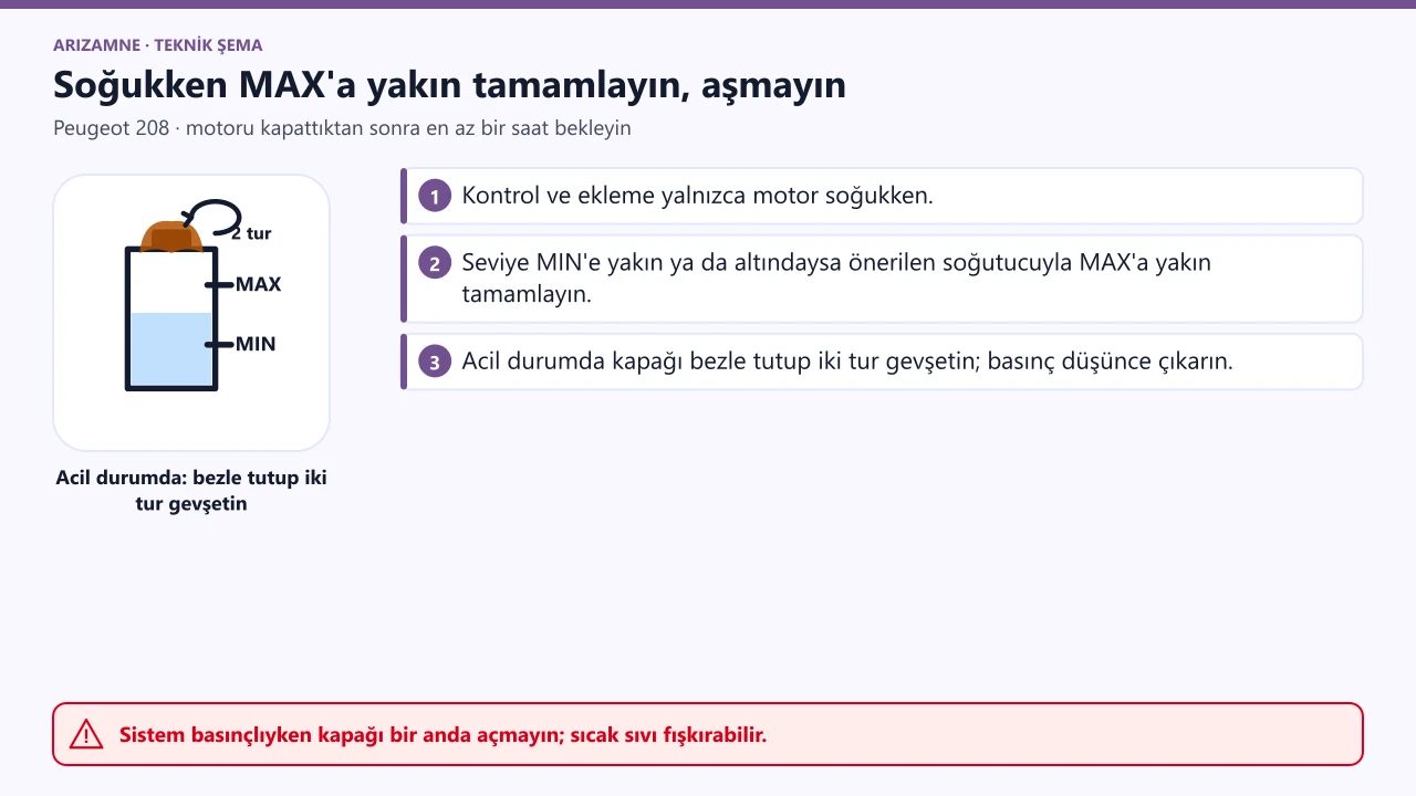 Peugeot 208 soğutucu deposu: motor soğukken seviye MIN'e yakın ya da altındaysa MAX'a yakın ama aşmadan tamamlayın; acil durumda kapak bezle tutulup iki tur gevşetilir.