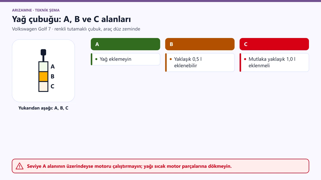 Volkswagen Golf 7 yağ çubuğu: A alanı yağ eklemeyin, B alanı yaklaşık 0,5 litre eklenebilir, C alanı mutlaka yaklaşık 1,0 litre eklenmeli.